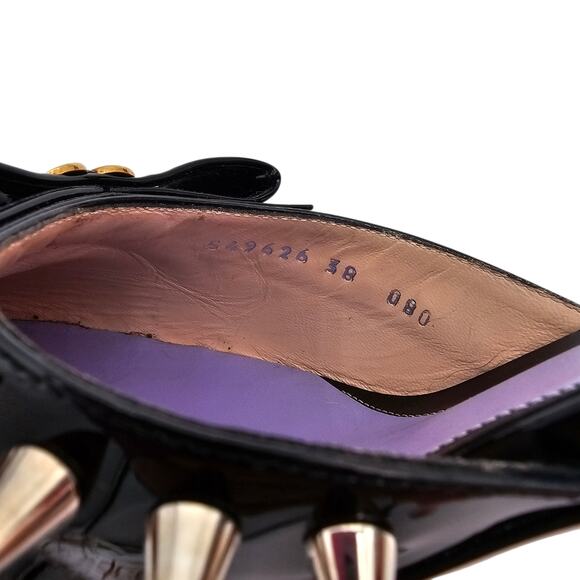 Gucci GG Bow Sadie Mid Heel Mule Spike Black Patent Leather Size 38 US 8 - Picture 12 of 13